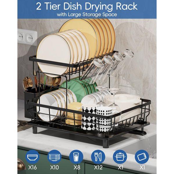 LIONONLY 2 Tier Dish Drainer Rack with Drip Tray, Detachable Large Dish drying Rack with Swivel Drainage Spout, Utensil & Cutting Board Holder for Kitchen Counter, Black 4