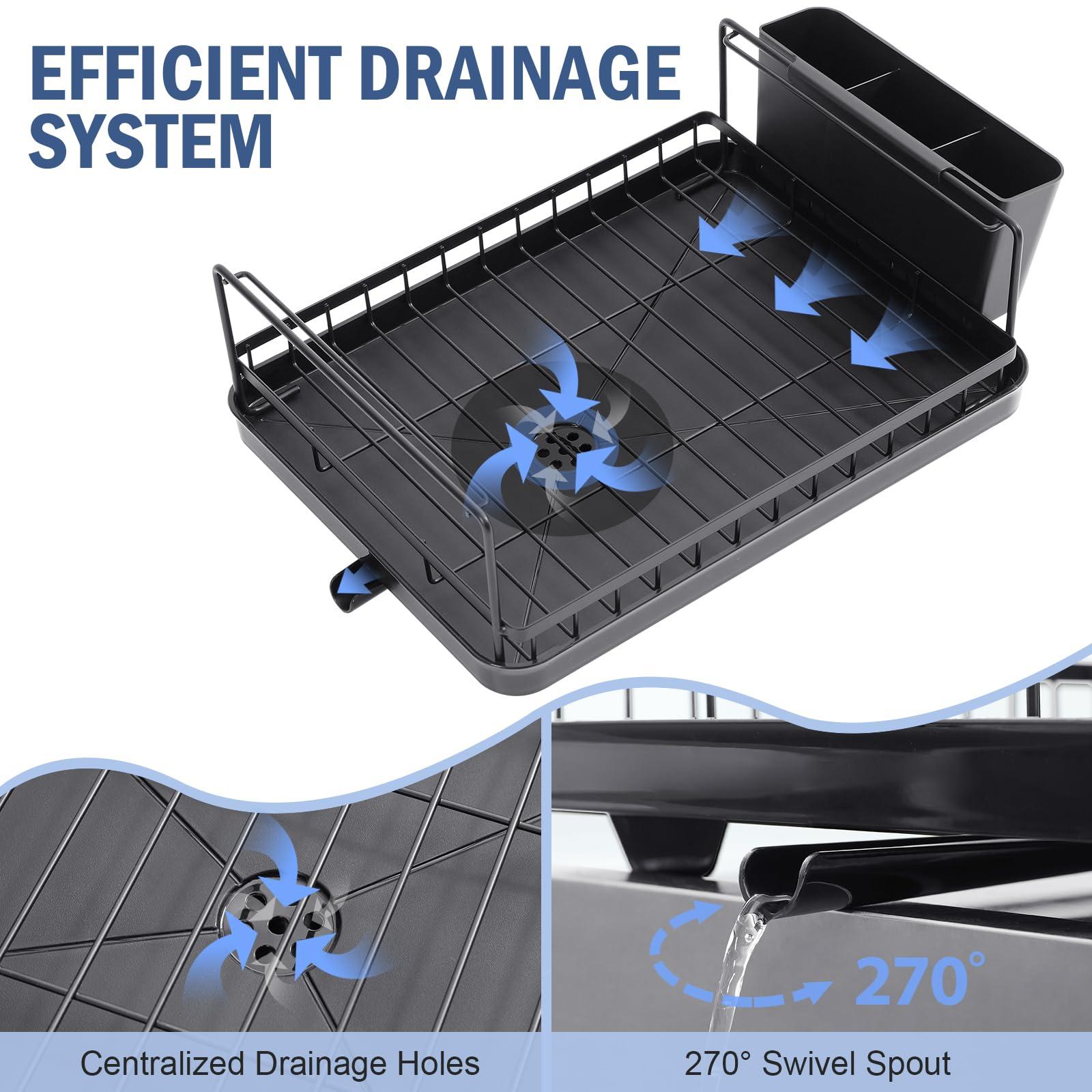 KINGRACK Compact Dish Drying Rack - Dish Drainer with Drip Tray, Durable and Multifunctional Kitchen Drying Rack with 270° Swivel Spout, Sink Dish Rack with Utensil Holder and Cup Rack 4