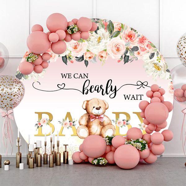 Renaiss 7ft We Can Bearly Wait Round Backdrop Brown Bear Pink Flower Polyester Photography Background Newborn Girl Birthday Party Decoration Cake Table Banner Photo Studio Props 1