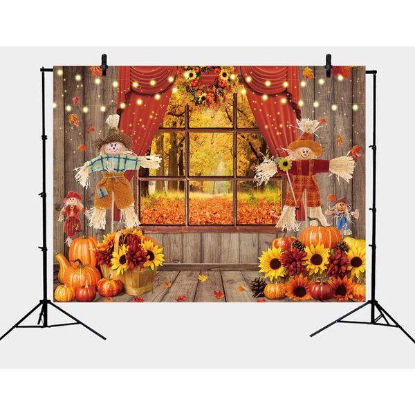 Autumn Window Backdrop for Photography 8x6FT Natural Scenery Scarecrow Harvest Pumpkins Sunflower Fall Theme Wooden Background Kids Birthday Party Decor Photo Props 1