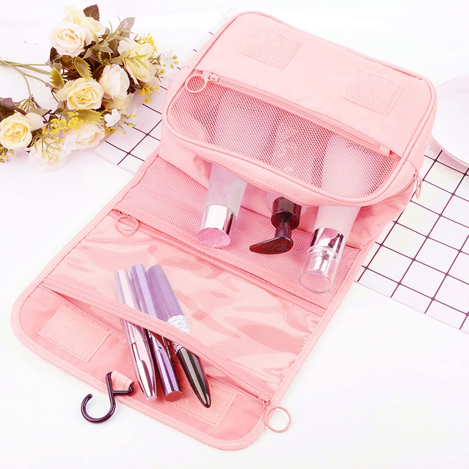 Hanging Toiletry Bag, Travel Wash Bag for Women Portable Folding Cosmetic Organizer Large Capacity Girls Makeup Bag Waterproof Shower Bag with Separate Compartment, Pink 4