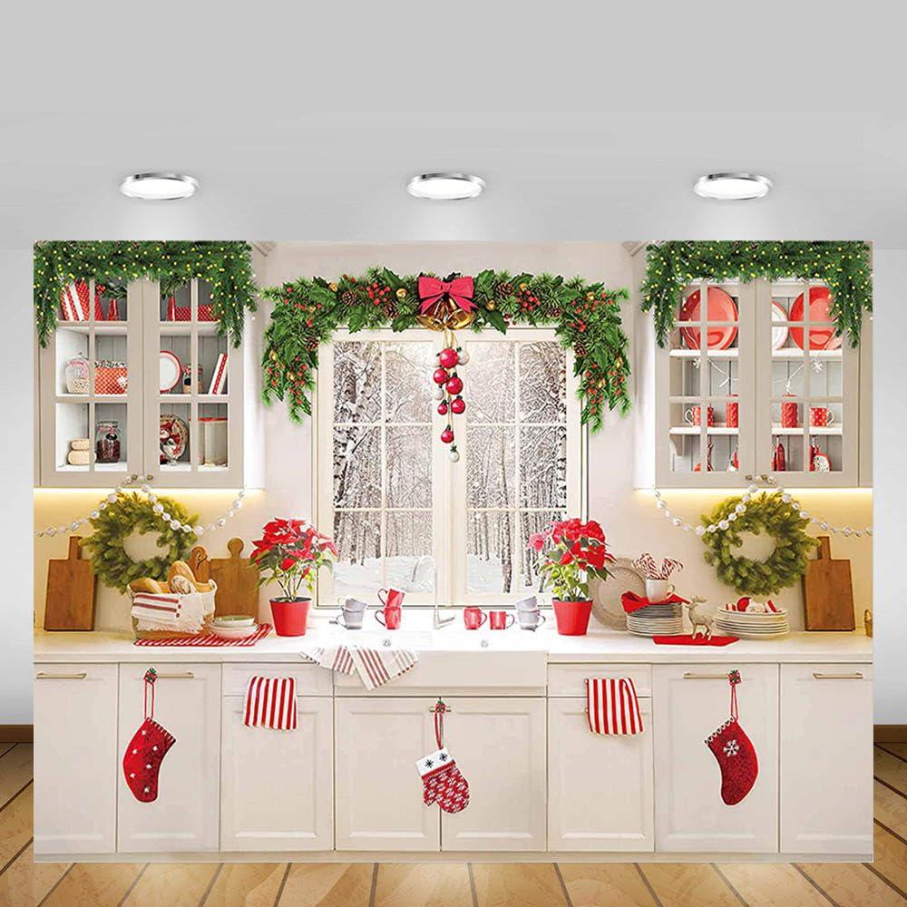 MEHOFOND 7x5ft Christmas Kitchen Backdrop Xmas Winter Cooking Indoor Photography Background Baby Shower Family Reunion Party Cake Table Decor Merry Christmas Photo Booth Props 3