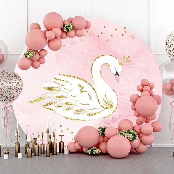 Renaiss 5x5ft Golden Glitter White Swan Round Backdrop Gold Dots Pink Round Backdrop Stand Cover Baby Shower Kids Girls Birthday Party Decoration Polyester Fabric Photography Props 2