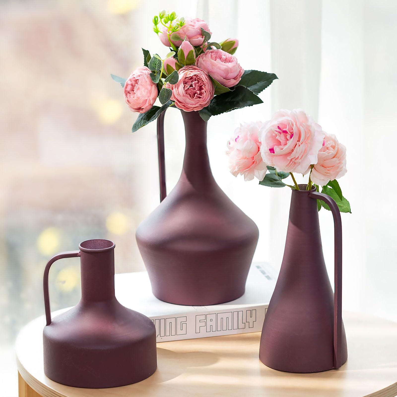 Sziqiqi Metal Pitcher Flowers Vases Set of 3-26/23.5/18cm Modern Vases with Handle Single Stem Vase for Table Morandi Narrow Neck Vases Love Gift for Mum Women Wife Sister