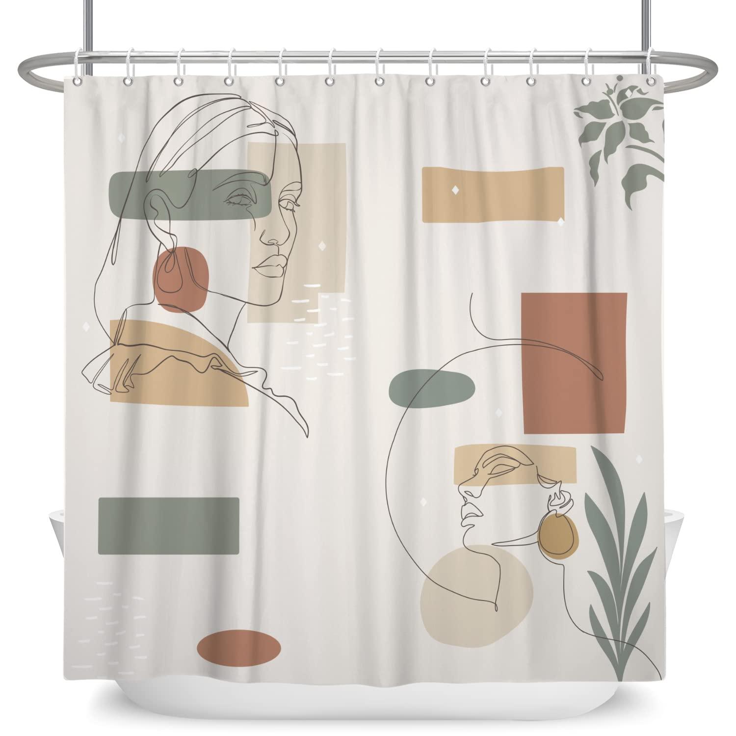 Bovlleetd Abstract Shower Curtain Boho Bath Curtain Medieval Art Shower Curtains Line Beauty Woman Face Bathroom Decorative Curtain Plant Waterproof Bathtub Curtain 71x71inch 1