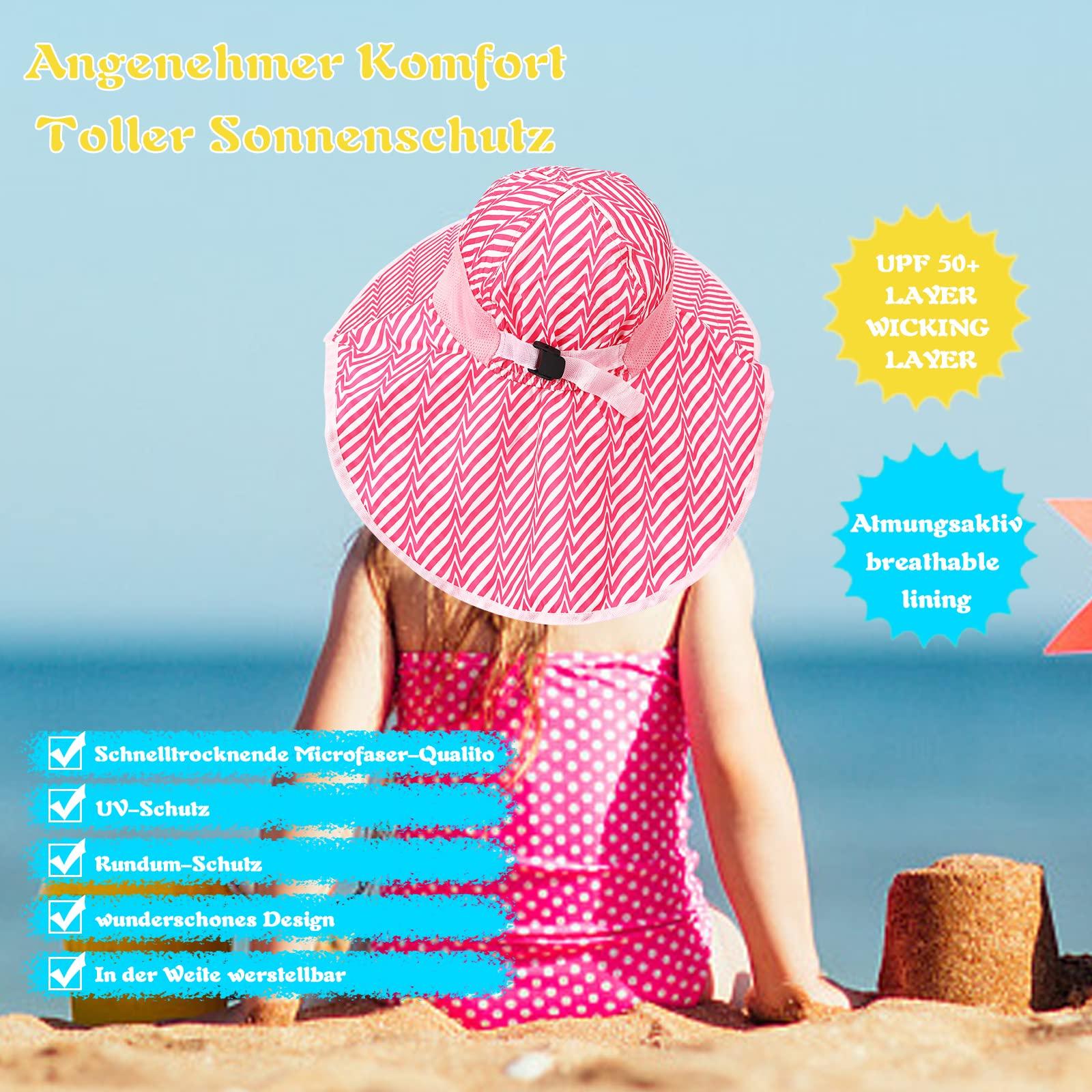 GLAITC Sun Hat Kids, Summer Cap with Neck Flap Adjustable Girls Boys Sun Hat UV Protection Beach Hat with Chin Straps Wide Brim Summer Visor Cap for Baby Toddler and Kids, 3-10 Years (Pink) 3