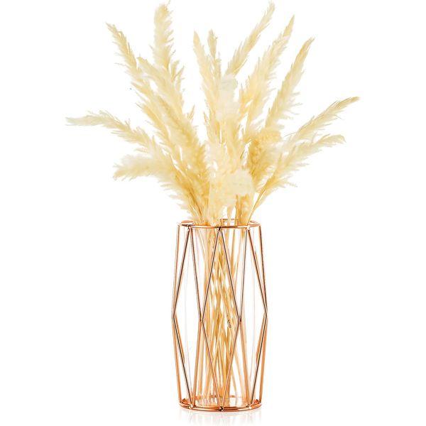 Glass Flower Vase with Geometric Metal Rack Stand, Small Vases for Pampas Grass, Centerpiece for Living Room Dinning Table Wedding, Rose Gold, 21.5cm Height