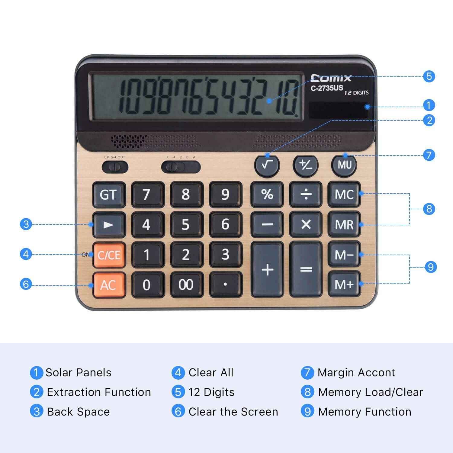 Calculator 12 Digits LCD Display Standard Function Desk Calculators with Large Computer Keys Dual Powered Solar Office Calculator Champaign Gold Color Panel for Handheld for Daily and Office (Golden) 2