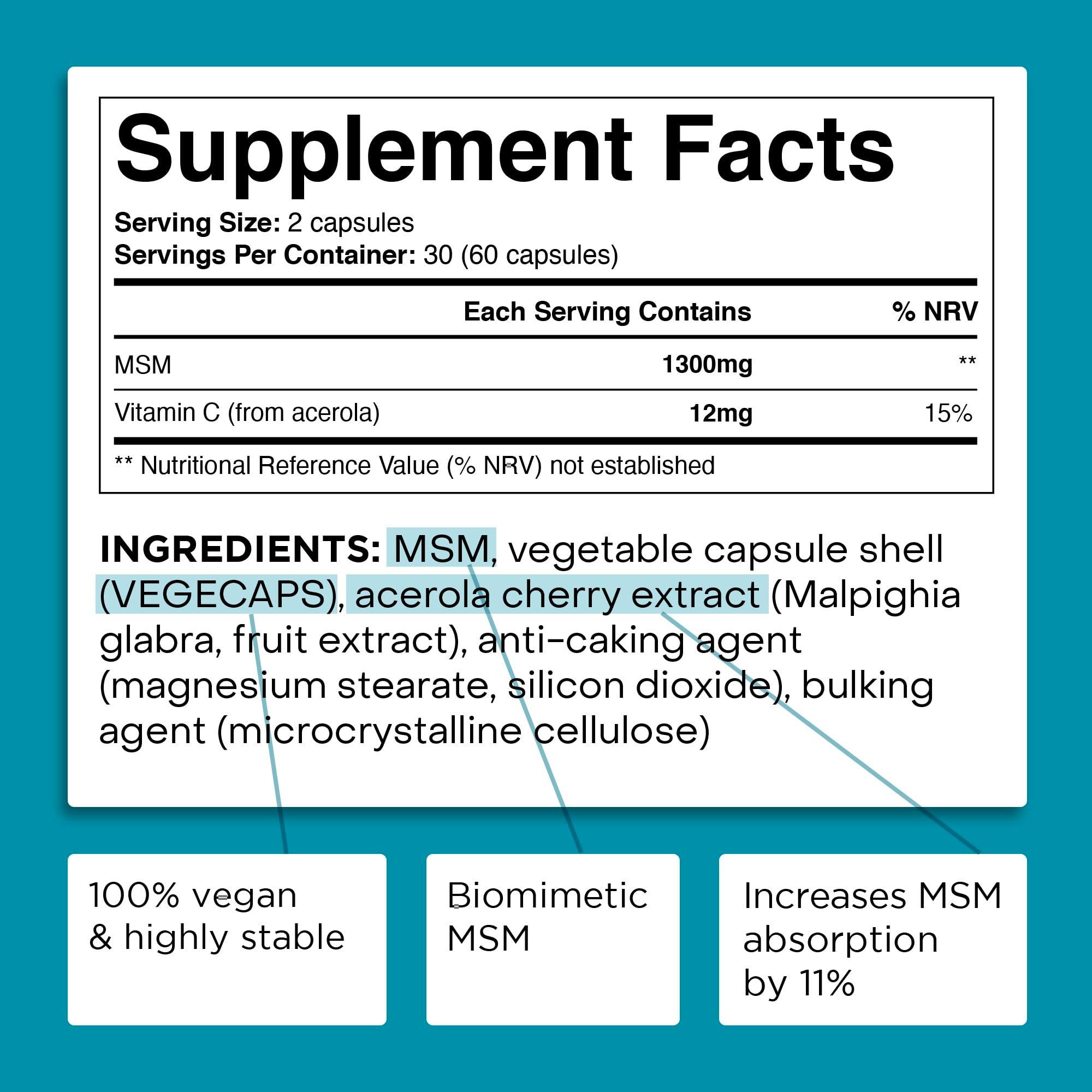 MSM Supplements 1300mg with Vitamin C from Acerola - MSM Nutritional Supplement Supports Joints, Immune System, Muscle Protein Build Up & Collagen Formation, 60 MSM Capsules 1