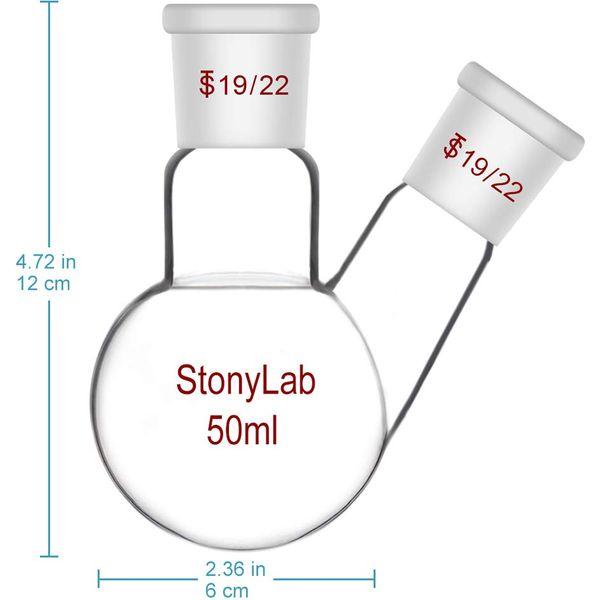StonyLab Glass 250ml Heavy Wall 2 Neck Round Bottom Flask RBF, with 19/22 Center and Side Standard Taper Outer Joint, 250ml 1