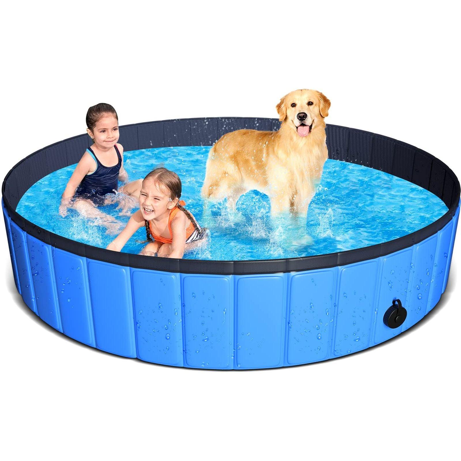 JUOIFIP Foldable Dog Paddling Pool 160x30 cm Extra Large Portable PVC Non-slip Swimming Bathing Tub for Pets & Kids Outdoor/Indoor Garden Backyard(Bonus Pet Bath Brush and Chew Toy)