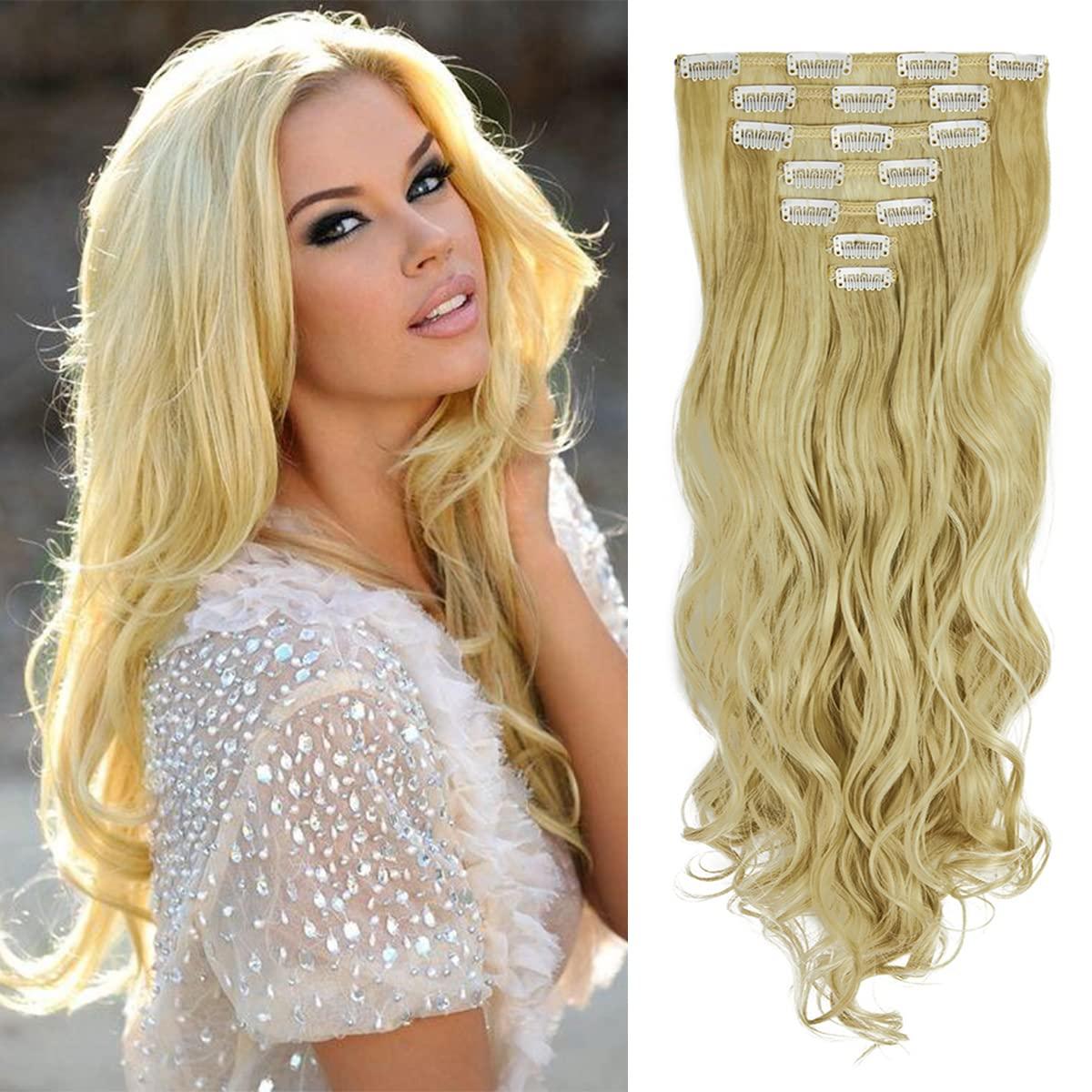 ZAIQUN Clip in Hair Extensions 7Pcs 16 Clips 24 Inch Wavy Curly Synthetic Hairpiece Ash Blonde Mix Bleach Blonde Hair Extension Full Head Clip in on Double Weft Hair Extensions