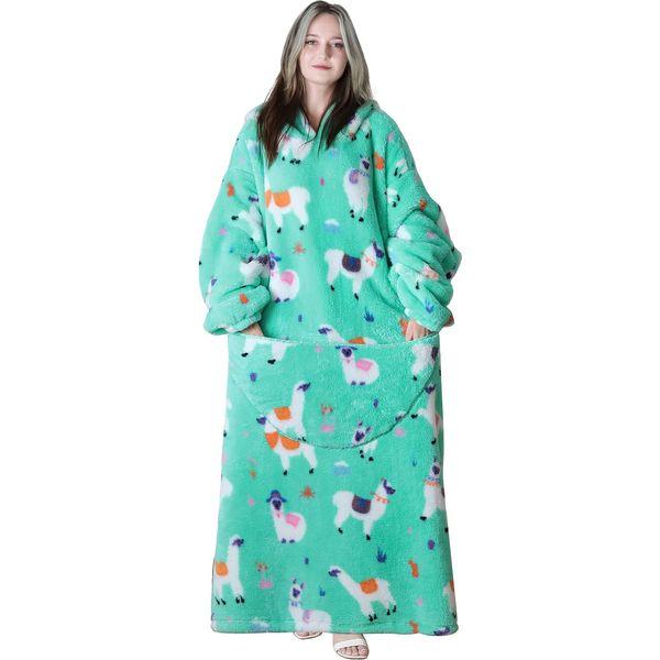 Queenshin Alpaca Wearable Blanket Hoodie,Extra Long Oversized Flannel Comfy Sweatshirt Robe for Adults Women Girls,Warm Cozy Animal Hooded Body Blanket 0
