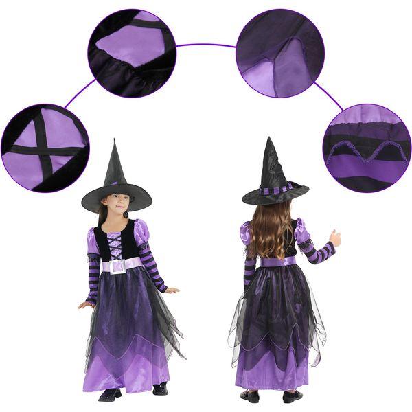 GEMVIE Girls Halloween Witch Costumes Fancy Dress Party Witch Princess Dress with Witch Hat Carnival Cosplay Costume 4