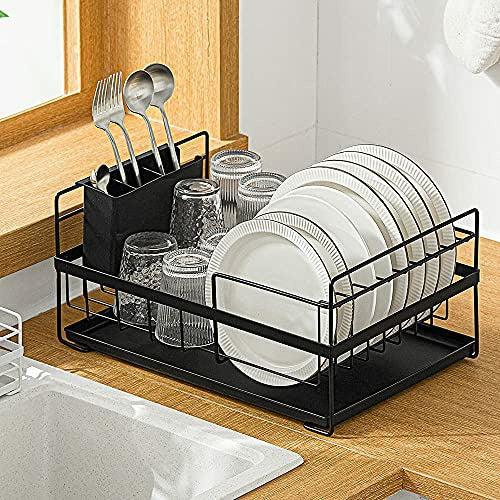 SUNFICON Dish Drainer Kitchen Countertop Dishes Drying Rack Dish Drying Organiser Holder With Drip Tray Draining Board Cutlery Utensil Holder RV Studio Small Flat 48×29.5×19 cm Black 0