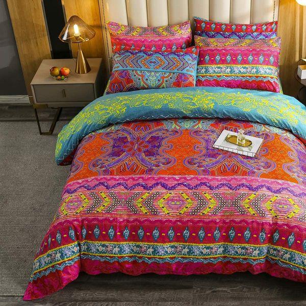 Bohemian Duvet Cover Set Single Colorful Floral Boho Striped Bedding Set Ultra Soft Microfiber Double Duvet Cover Southwestern Indian Tribal Reversible Bedding Exotic Style Decor Boho Comforter Cover 2