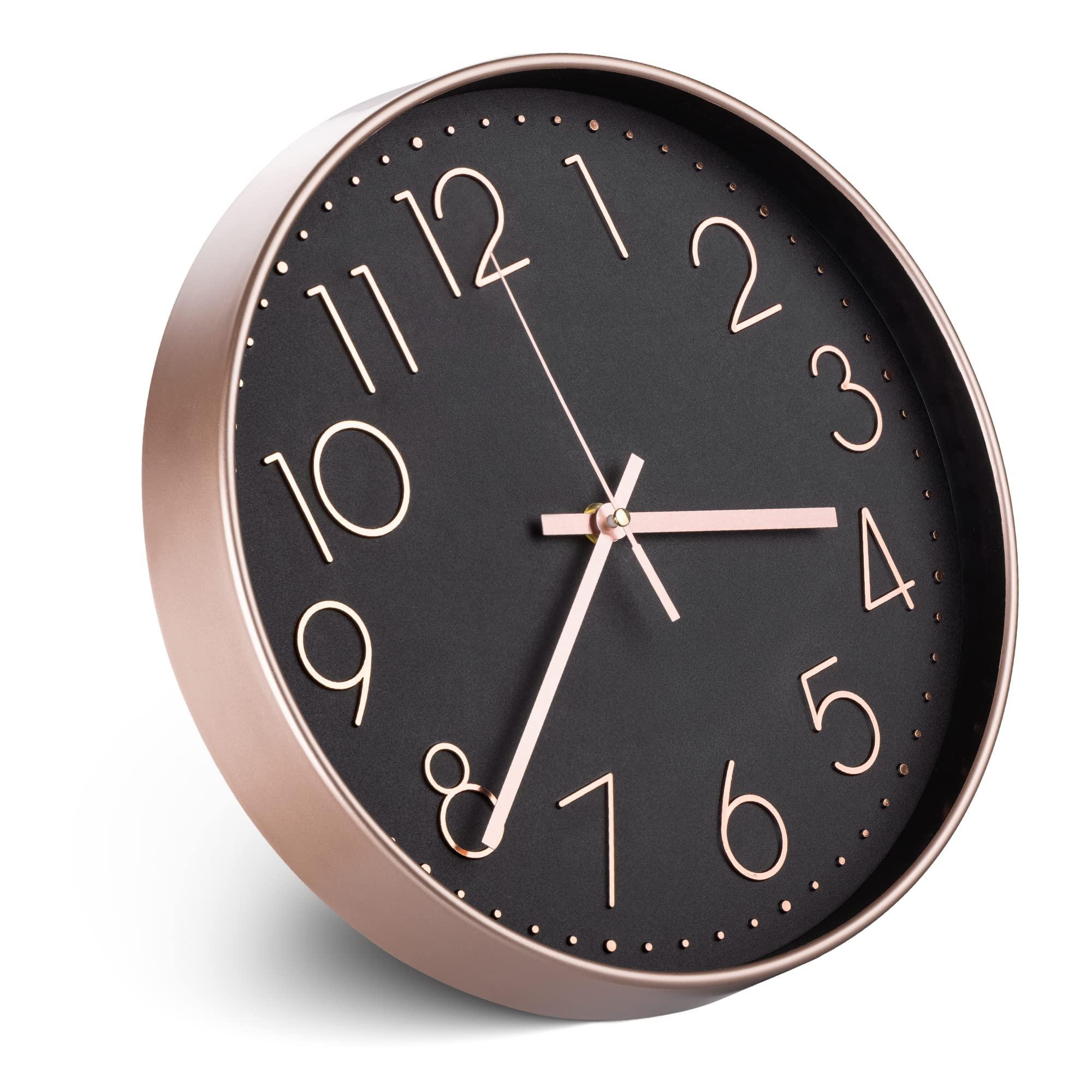 Navaris No Ticking Wall Clock - Contemporary Modern Design Silent Battery Powered Wall Mounted Clock for Kitchen Living Room - Rose Gold/Black