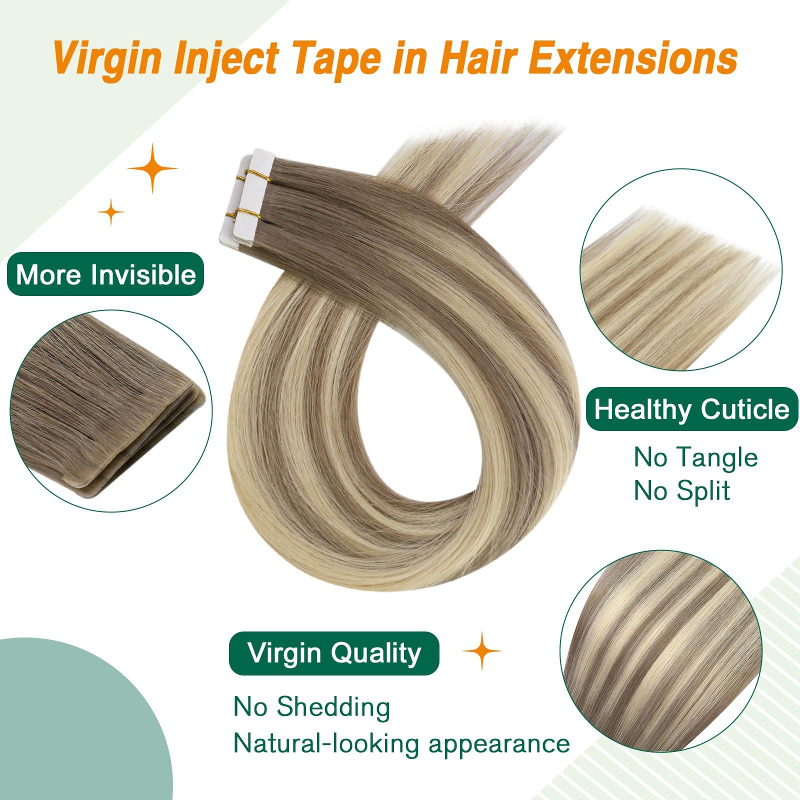 Easyouth Tape in Human Hair Extensions Virgin Hair Brown to Bleach Blonde Ombre Tape in Extensions 22 Inch 12.5g 5Pcs Inject Tape in Hair Extensions 4