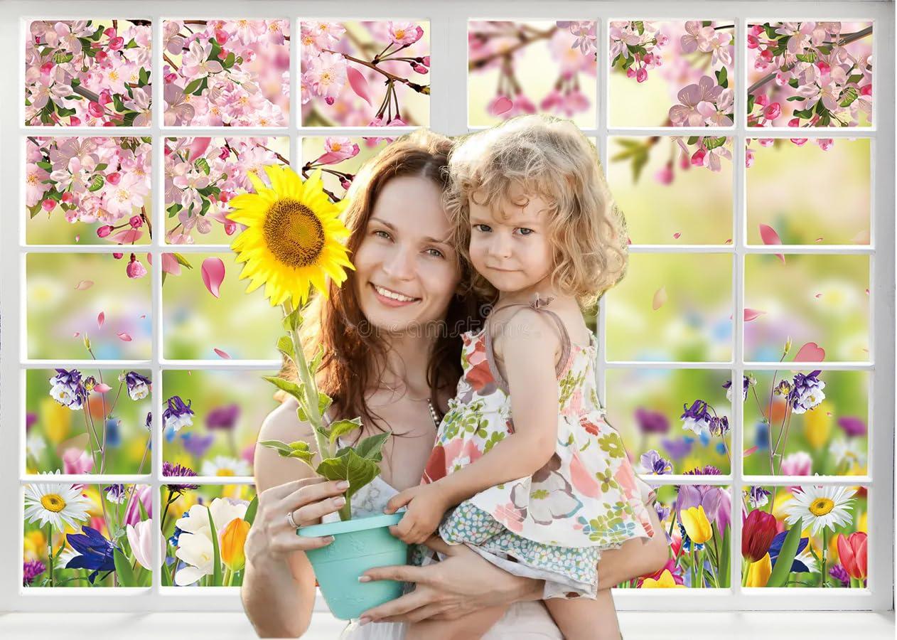 Spring Backdrop for Photography 10x8FT Spring Window Nature Pink Flowers Background Easter Party Decorations Baby Shower Kids Portrait Photo Booth Props 4