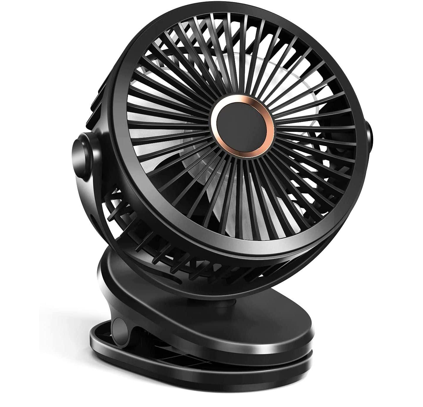 Pecco Desk Fan, Clip on Fan for Pram 5000mAh Rechargeble Stroller Fan Personal USB Fan with 4 Speed 360° Rotation Adjustable Cooling Desktop Fans Table Fans for Baby Pushchair, Car, Traveling, Black 5