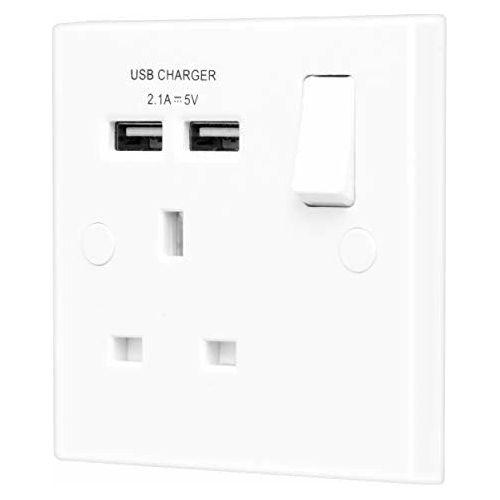 BG Electrical Single Switched 13 A Fast Charging Power Socket with Two USB Charging Ports, 2.1 A, 5 V, 10.5 W, Square Edge, White 0