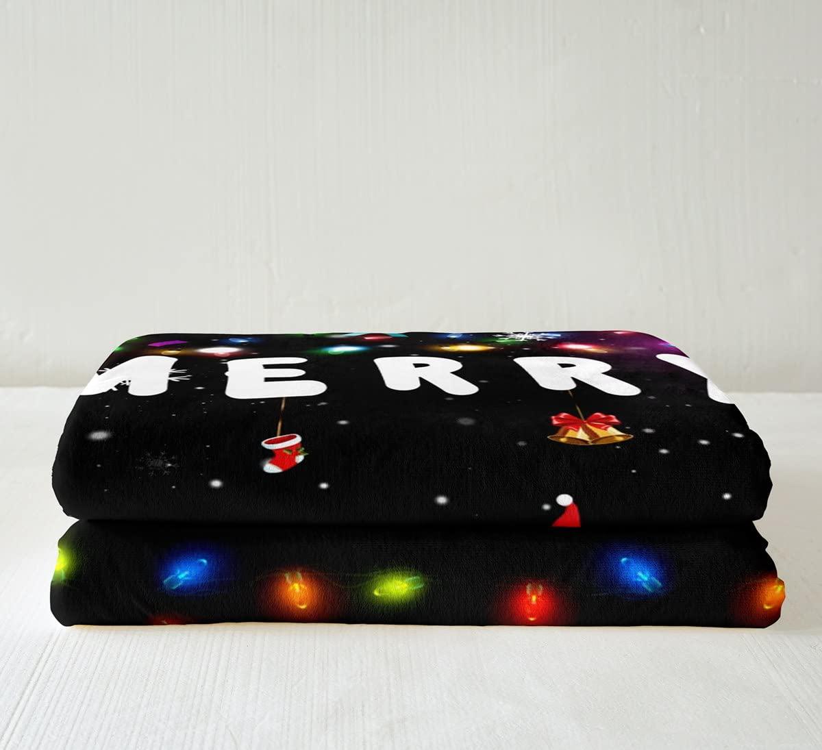 Homewish Merry Christmas Blanket Xmas Throw Blanket for Bed Chicken Print Fleece Blanket Rainbow Neon Sherpa Blanket White Snowflake Decorations Plush Blanket Kids New Year Gifts, Black 2