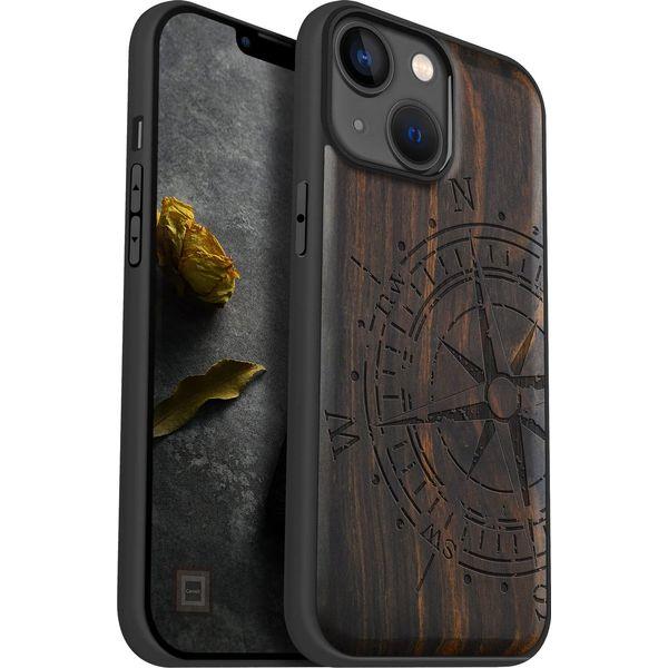 Carveit Magnetic Wood Case for iPhone 14 Case [Hard Real Wood & Soft TPU] Shockproof Hybrid Protective Cover Unique & Classy Wooden Case Compatible with MagSafe (Vintage Compass-Blackwood) 0