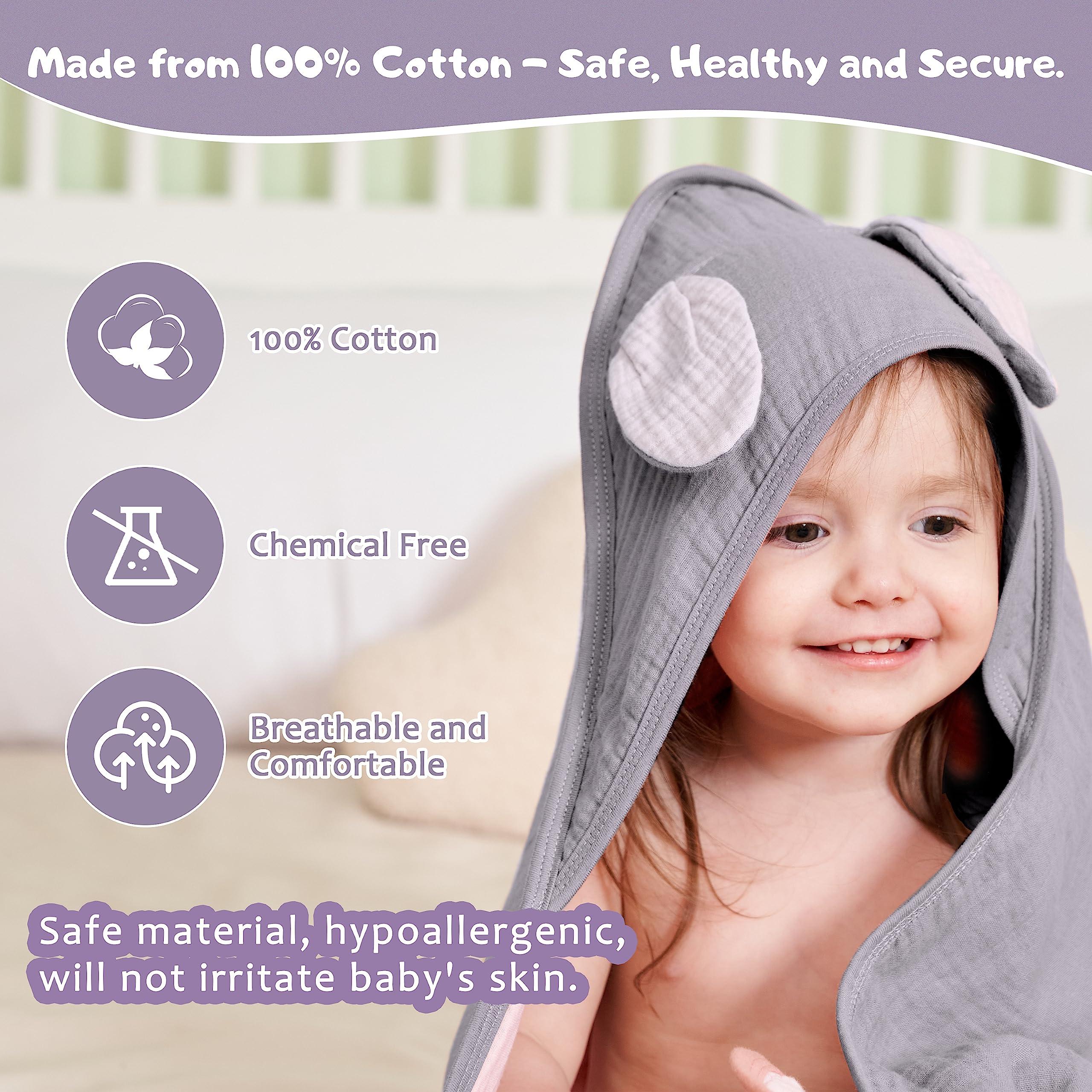 Baby Bath Towel Set, Baby Towel with Hood Baby Toddler Bathrobe Hooded Towel Baby 100% Organic Cotton Muslin Hypoallergenic Towels Super Soft 33.5”*33.5”, 3pcs Set Towel+Washcloth+Gloves, Grey 2