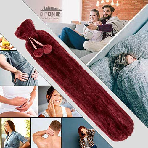 Extra Long Hot Water Bottle with Super Soft Cover Faux Fur Thermotherapy 2L 72cm Pure Natural Rubber (Red) 3