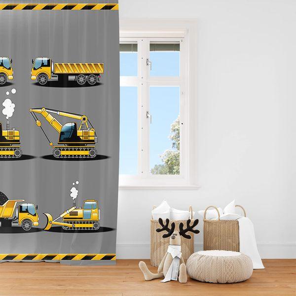 YONGFOTO 168x229cm Construction Truck Blackout Curtains Cartoon Excavator Yellow Kids Machinery Car for Living Room Children's Bedroom Window Drapes, 2 Panel Home Set With Holes, Black 2