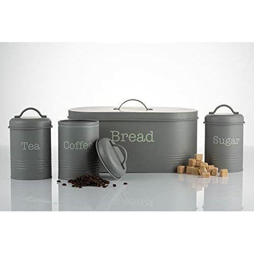 EHC 4 Piece Kitchen Storage Set Includes Bread Bin, Tea, Coffee & Sugar Caddy Tins Storage Canisters and Jars Set, Grey 0