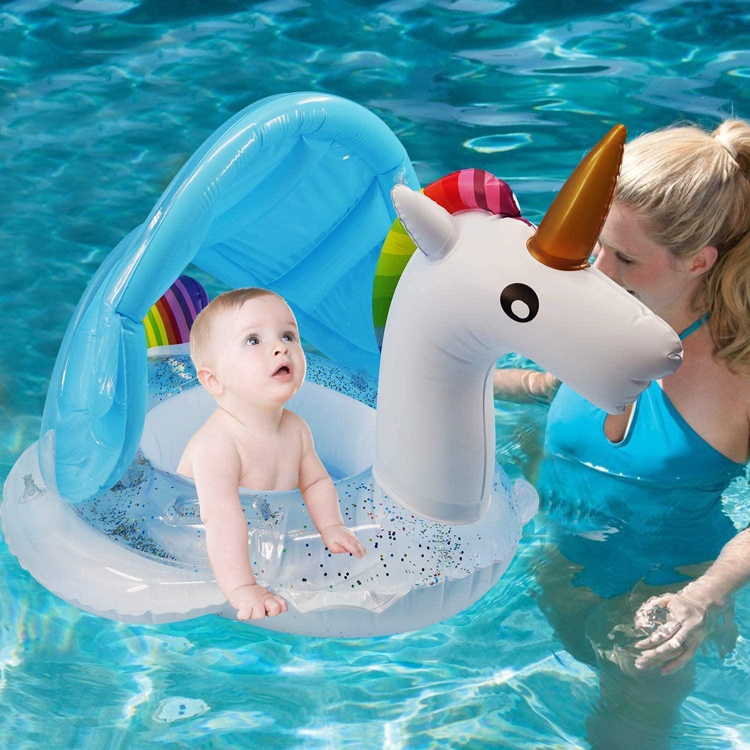 mciskin Unicorn Baby Swimming Pool Float with Canopy,Glitters Seat &Safety Handle,Summer Baby Floats for Pool, Inflatable Baby floaties for 1-3 Years Kids Family Summer Outdoor Party Favor 4