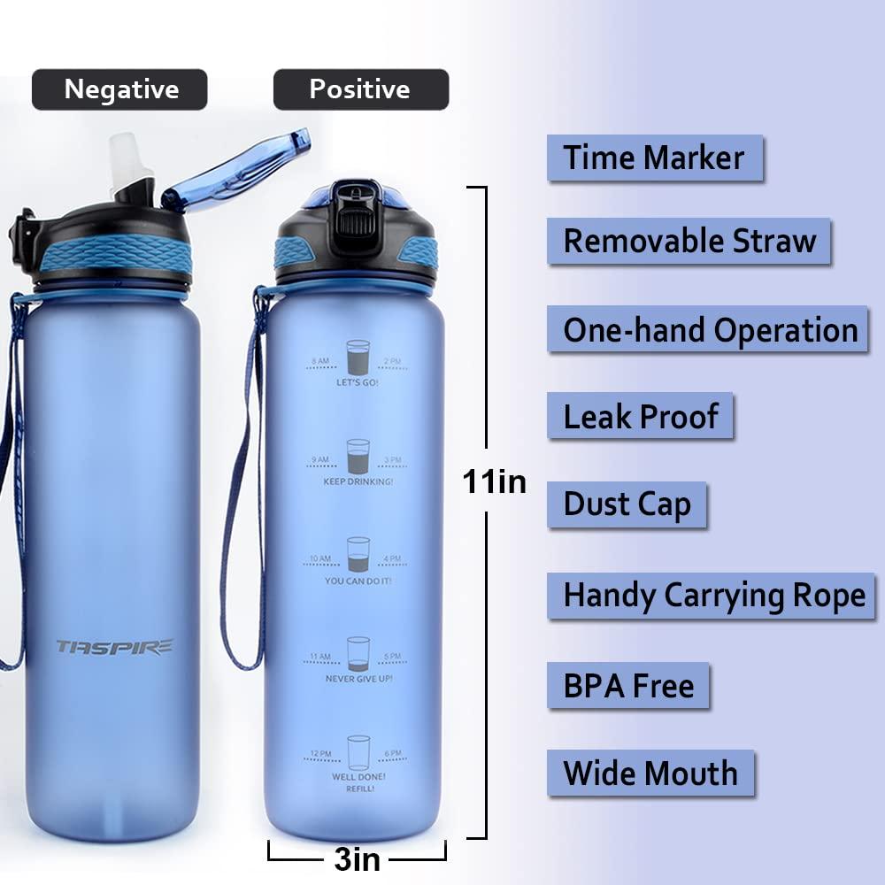 Taspire 1 Litre Time Marked Water Bottle with Straw, Leakproof BPA-free Tritan Water Bottle with Time Markings, Motivational Water Bottle with Times to Drink (Dark Blue) 9