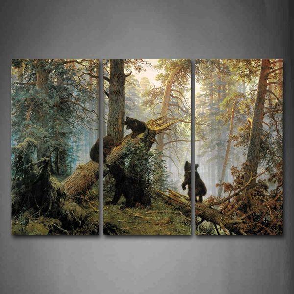 Bear Play In Forest Broken Tree Wall Art Painting The Picture Print On Canvas Animal Pictures Modern Artwork For Living Room Dinning Room Home Decor Decoration Gift 0