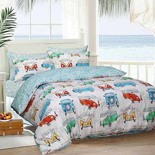 Sleepdown Reversible Printed Tropical Campervan Poly Cotton Duvet Quilt Cover Bedset, 3 Pcs - Double 0