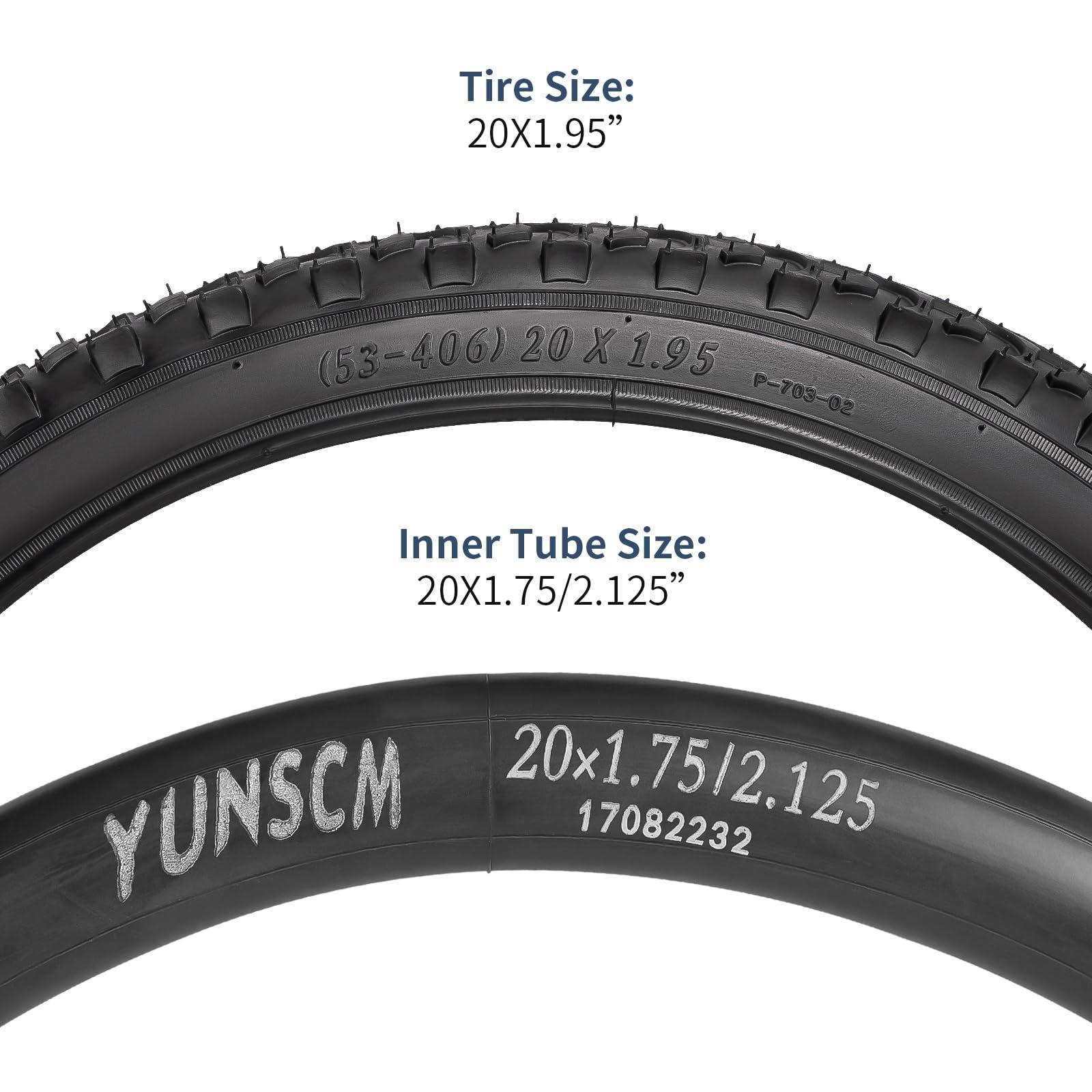 YunSCM 2 Pack 20 inch Bike Tyres 20x1.95 ETRTO 53-406 with 20" Bike Inner Tubes AV32mm Schrader Valve Compatible with 50/54-406 20x1.90 20x1.95 20x2.0 Road/Mountain Bike Tyre and Tubes 4