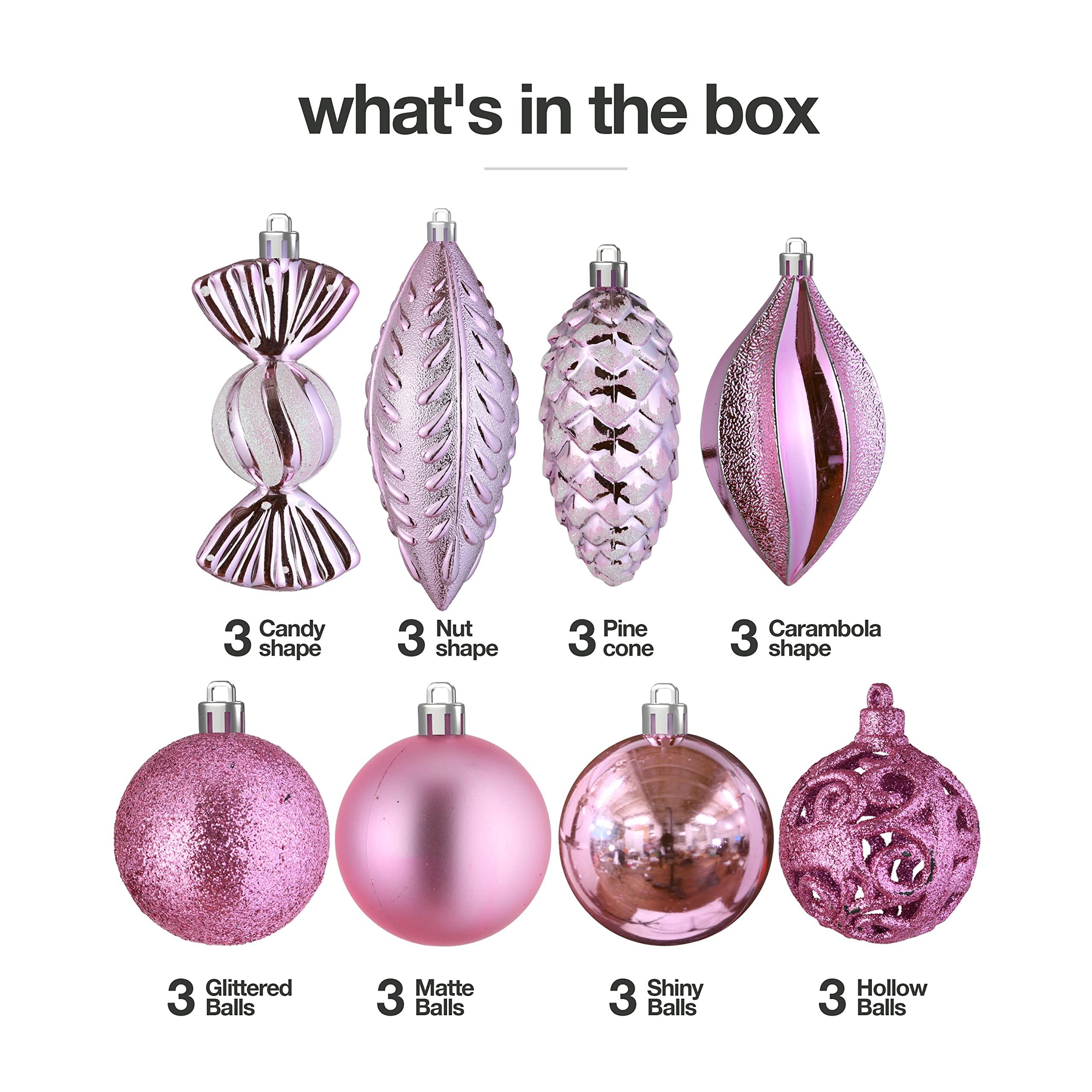 Prextex Pink 24-Piece Shatterproof Christmas Ball Ornaments The Perfect Glitter Balls, Christmas Tree Baubles Christmas Decorations, Exquisite Xmas Combo of 8 Christmas Balls and Shape Styles 4