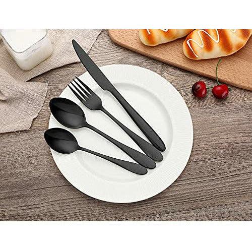 AIKKIL Silverware Set, Stainless Steel Flatware Cutlery Set Service, Tableware Eating Utensils Include Knives/Forks/Spoons, Mirror Polished, Dishwasher Safe (48, Black) 3