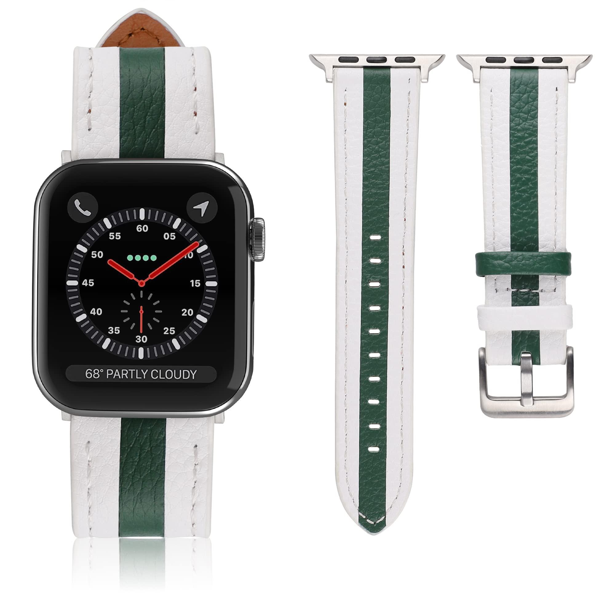 VAKS Compatible with Apple Watch Leather Band 41mm 40mm 38mm for Women Men, Genuine Leather Wristband Replacement Strap for iWatch Series SE2/8/7/6/5/4/3/2/1/SE, White Green White 1