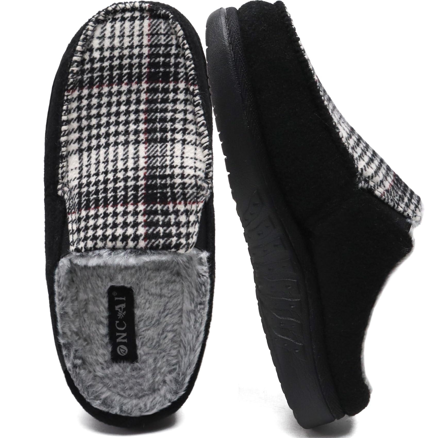 ONCAI Mens Slippers with Arch Support,Felt and Wool High-Density Memory Foam Clogs Cotton-Blend House Slippers with Orthotic Plantar Fasciitis Indoor Outdoor Rubber Soles Plaid Black Size 12