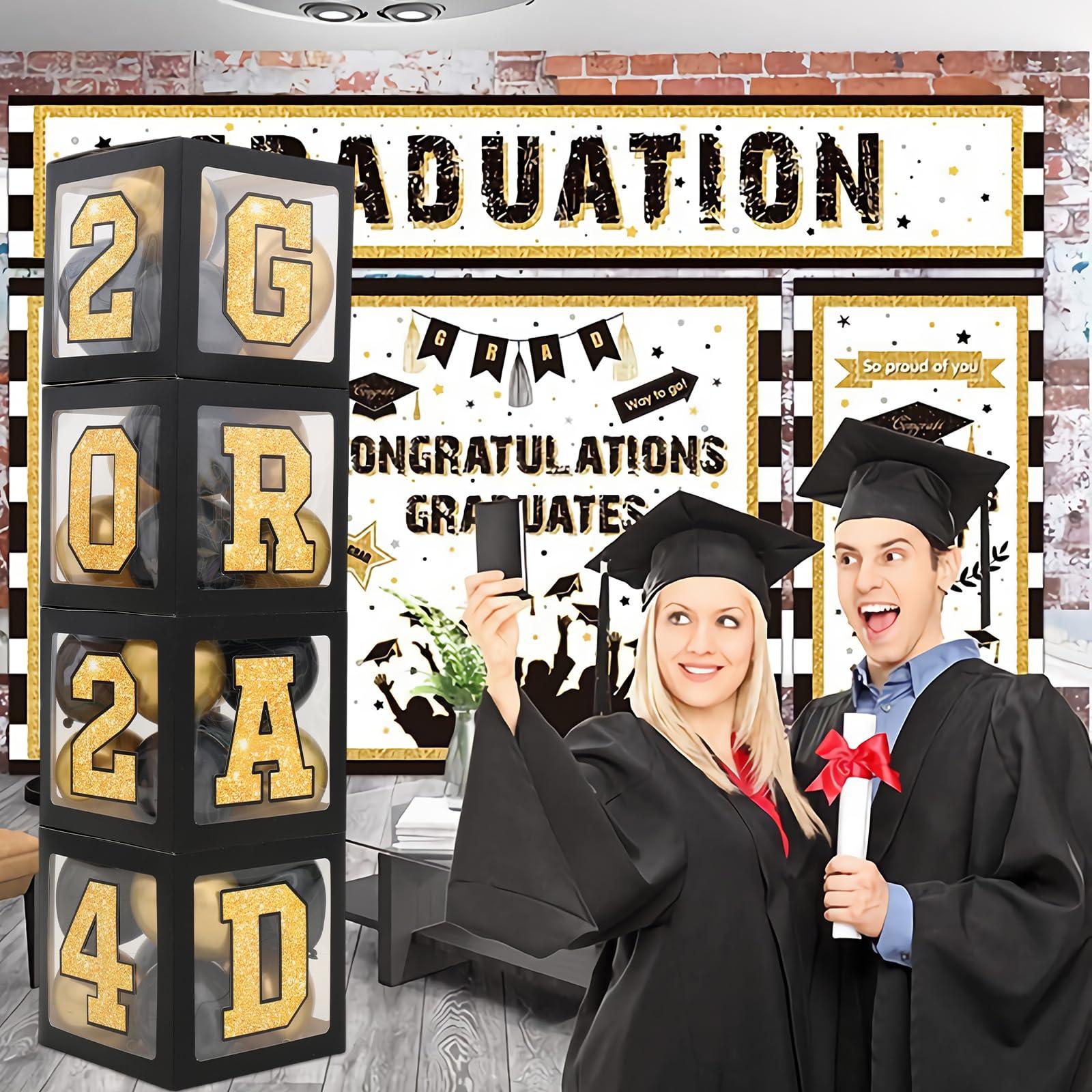 2024 Graduation Decorations Balloon Boxes - Black Gold Graduation Party Decorations Class Of 2024, 4pcs Balloons Box With Grad, 2024,Perfect For Graduation Prom Decorations Leavers 2024 Decorations 4