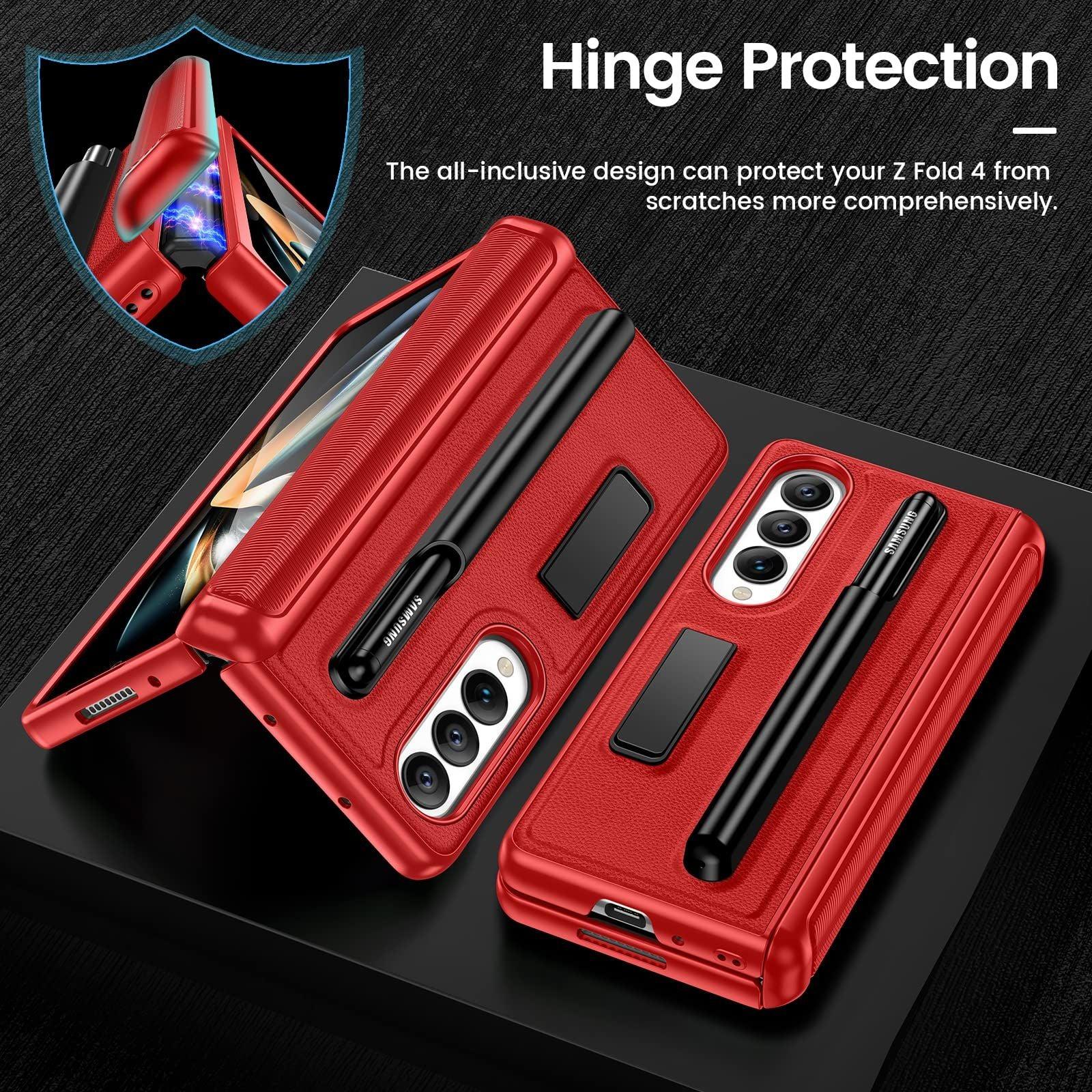HWeggo for Samsung Galaxy Z Fold 4 Case with S Pen Holder and Kickstand,Samsung Z Fold 4 Case with Front Screen Protector,Hard PC Shockproof Anti-Scratch Hinge Coverage Protective Cover(Red) 2