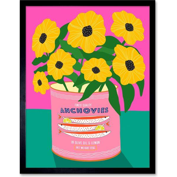 Wee Blue Coo Anchovies and Flowers Bright Floral Art Print Framed Poster Wall Decor 12x16 inch