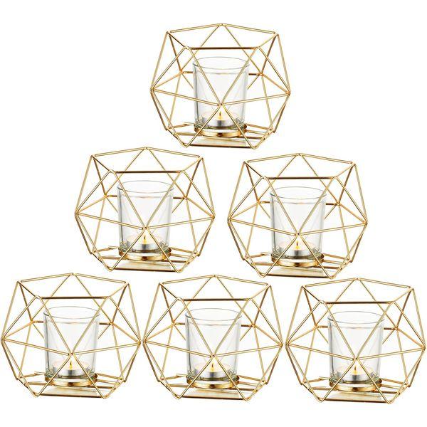 Romadedi Candle Holders Gold Geometric Decor - Tealight Holder for Tea Lights Decorative Candle Stand Accents for Home Table Shelf Mantel Modern Geo Decoration, Wedding Reception Décor, Gold, 6pcs