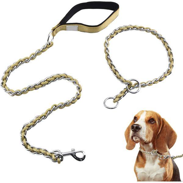 HACRAHO Dog Chain Collar and Leash, 2 PCS Dog Training Choke Collar and Dog Training Chain Leash Metal Chain Training Dog Leash with Soft Handle for Medium Dogs