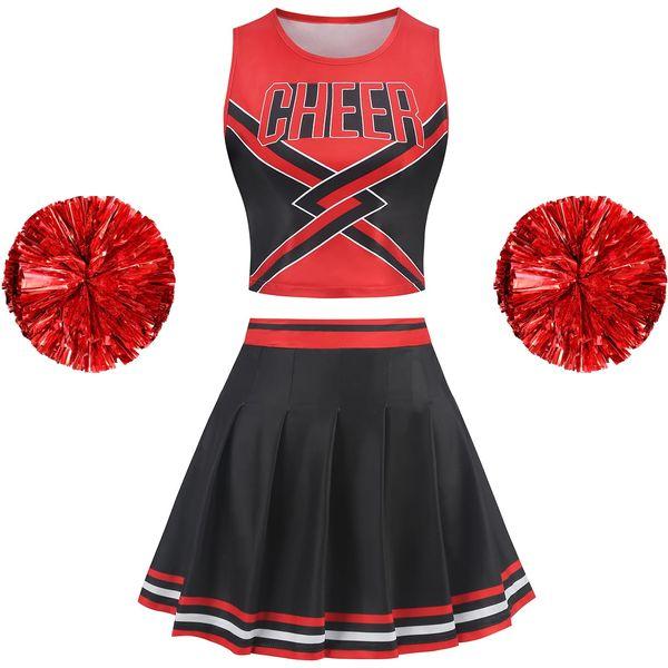 maxToonrain Cheerleader Costume Women Sexy,Womens Fancy Dress Cheerleading High School Sleeveless Cheerleader Poms Poms+Outfit Uniform Skirt Halloween Costumes for Women (Black Red,S) 0