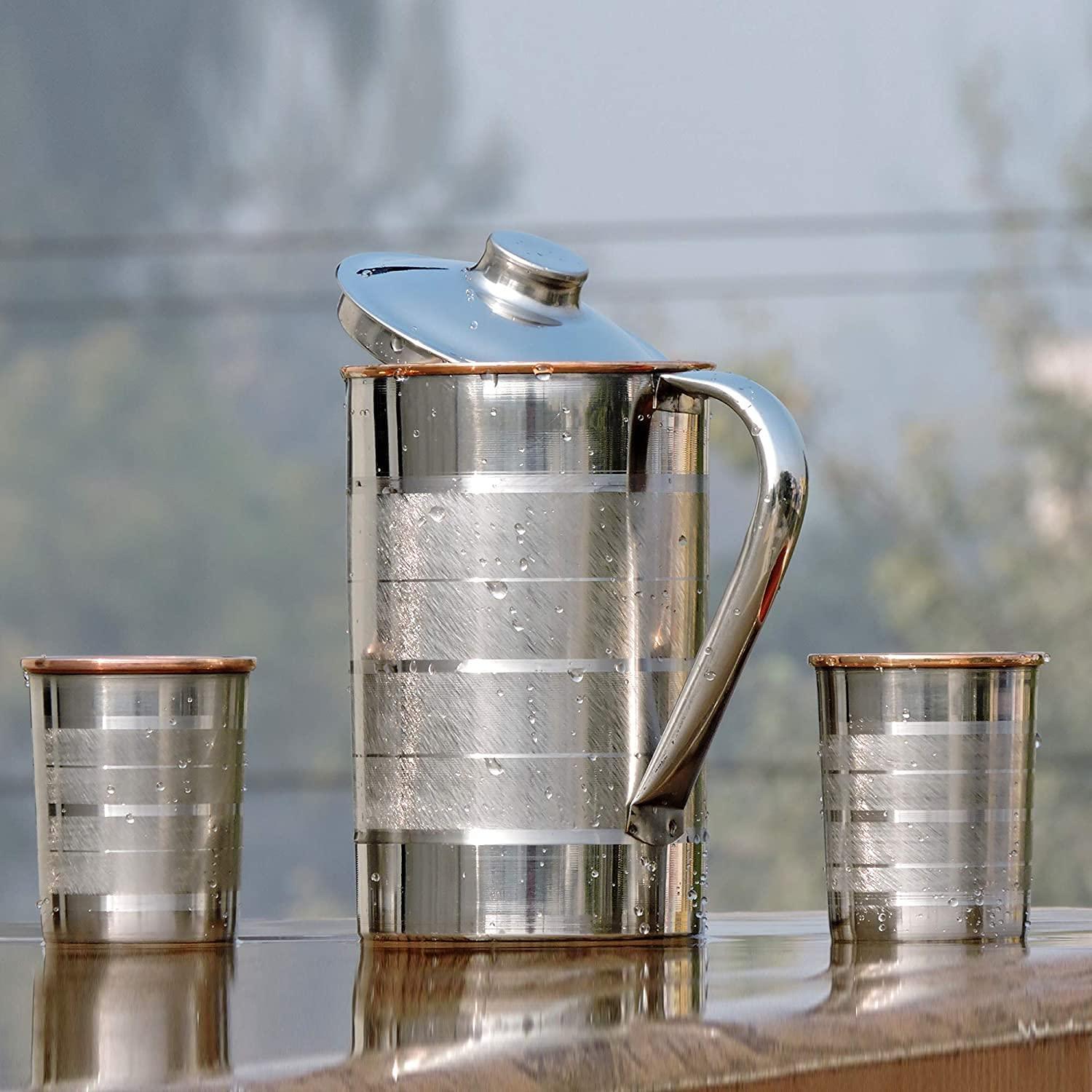 Stainless Steel and Pure Copper Water Pitcher with Matching Tumblers | Steel and Copper Pitcher for Drinking Ayurvedic Water (57.48 fl. Oz.) 1