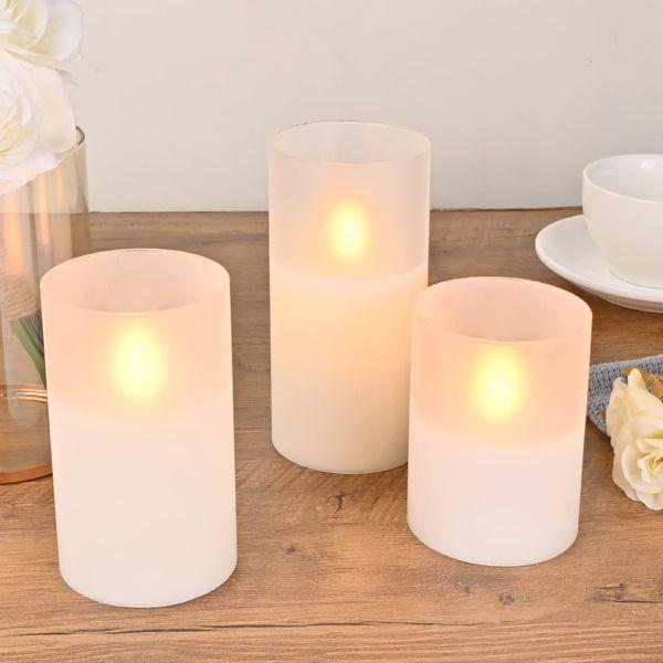 M Mirrowing Flameless Frosted Glass LED Candles, Flickering Flameless LED Candles with 10 Keys, with Remote Control and Timer, Battery Operated Flameless Pillar Candles in Glass Holder, Set of 3 2