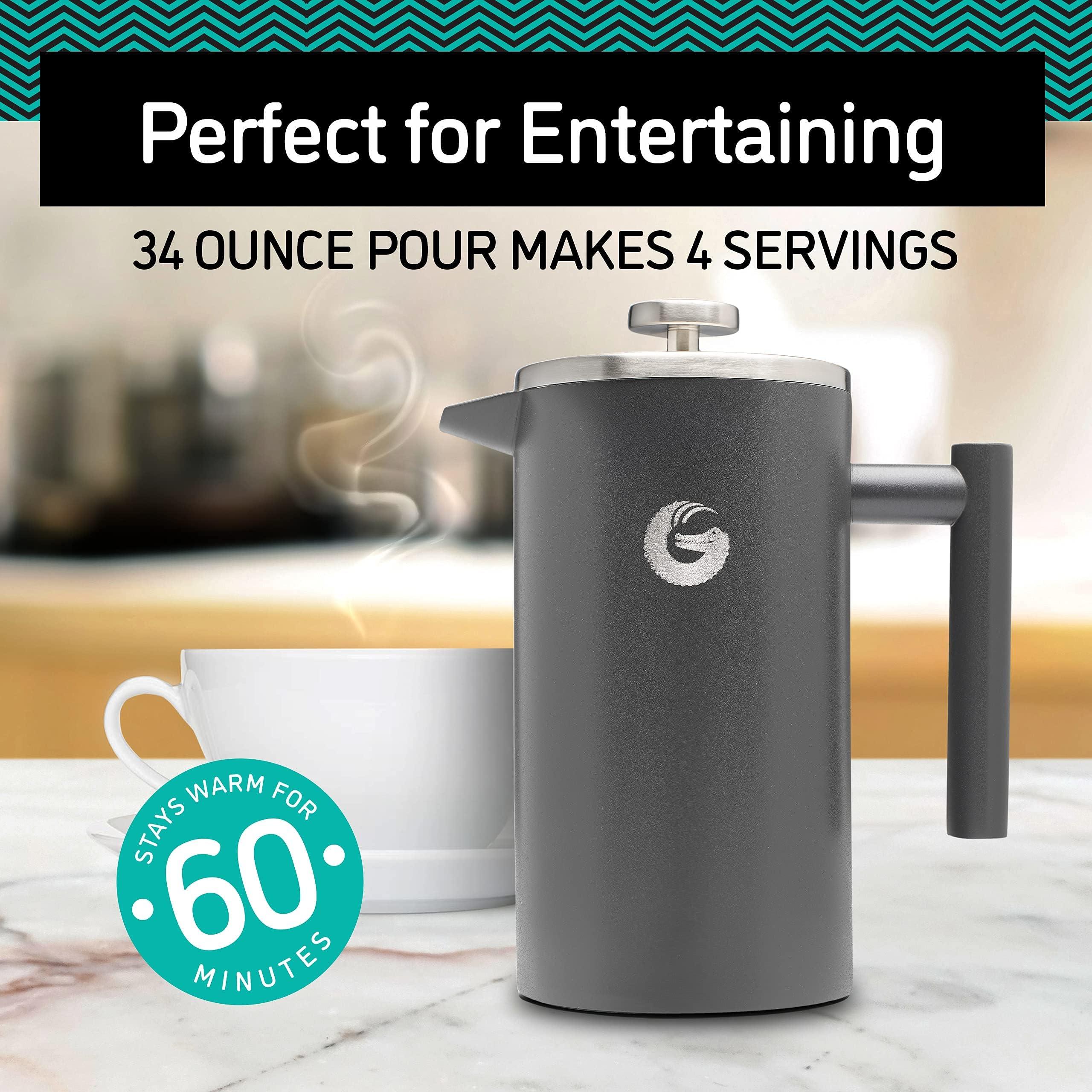 Coffee Gator Cafetiere - 1 Litre French Press Coffee Maker - Large Capacity, Double-Wall Insulated Stainless Steel Brewer - Hotter for Longer - Grey 2