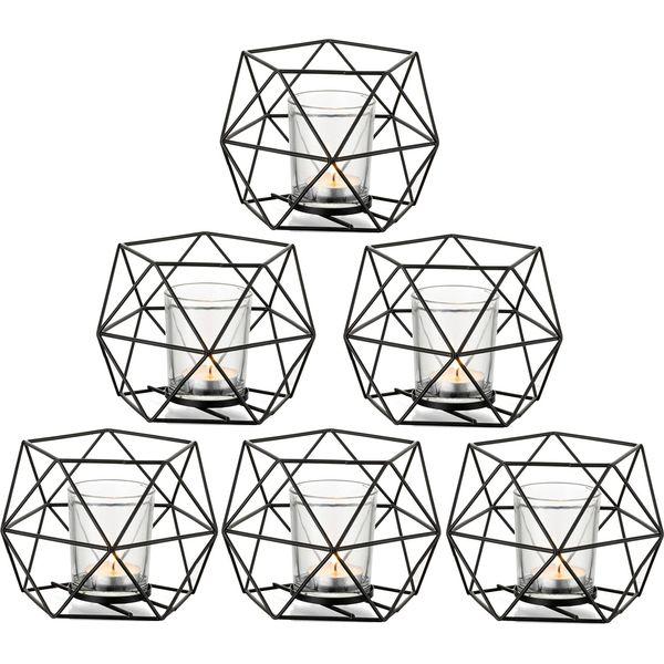 Romadedi Candle Holders Gold Geometric Decor - Tealight Holder for Tea Lights Decorative Candle Stand Accents for Home Table Shelf Mantel Modern Geo Decoration, Wedding Reception Décor, Black, 6pcs